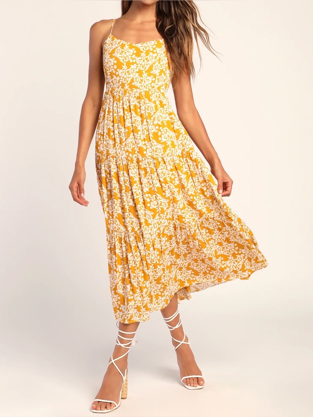 Mustard Yellow Floral Print Midi Dress - Lightweight Summer Sundress